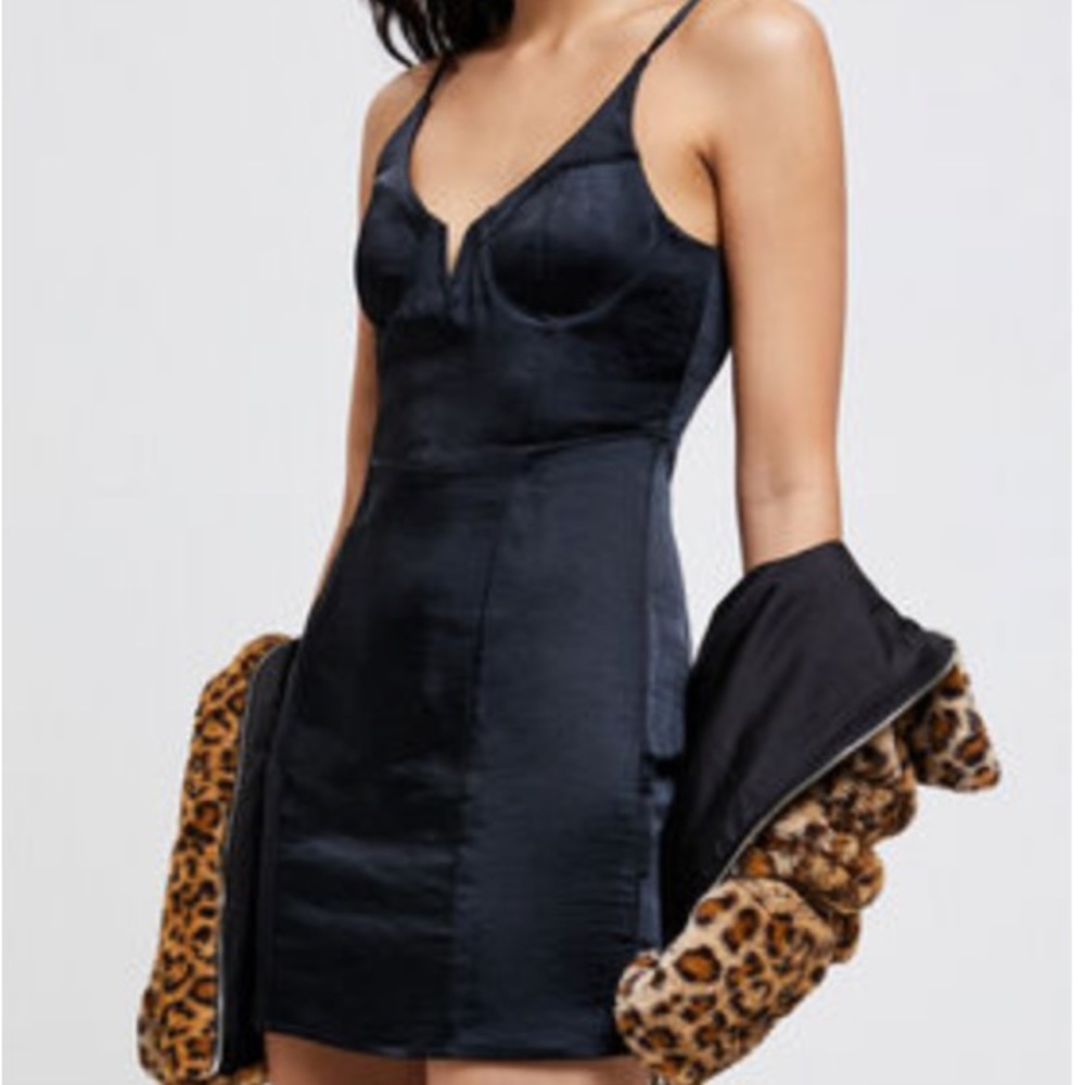 Large black satin mini dress